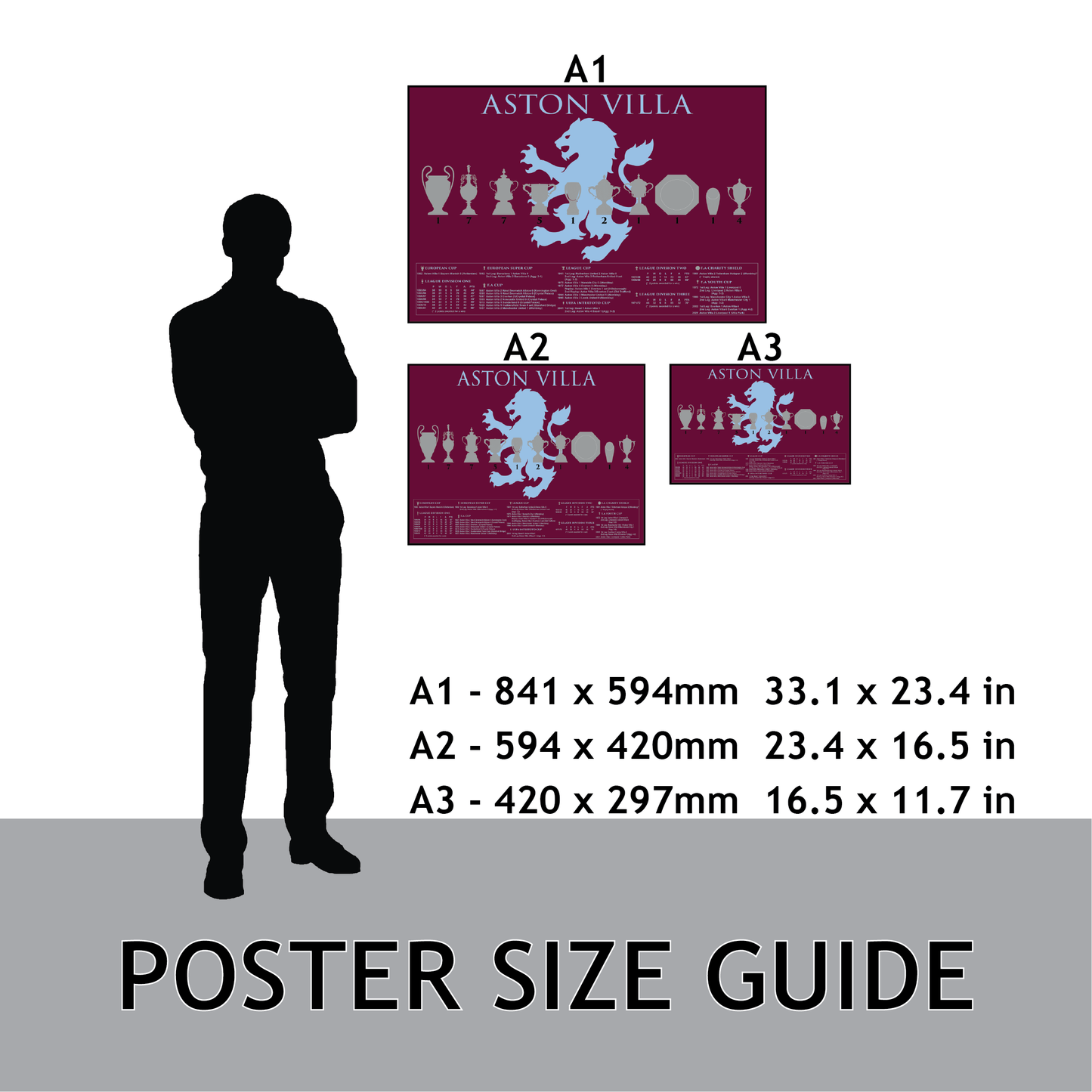 Aston Villa Trophies Facts & Lion Poster - Claret