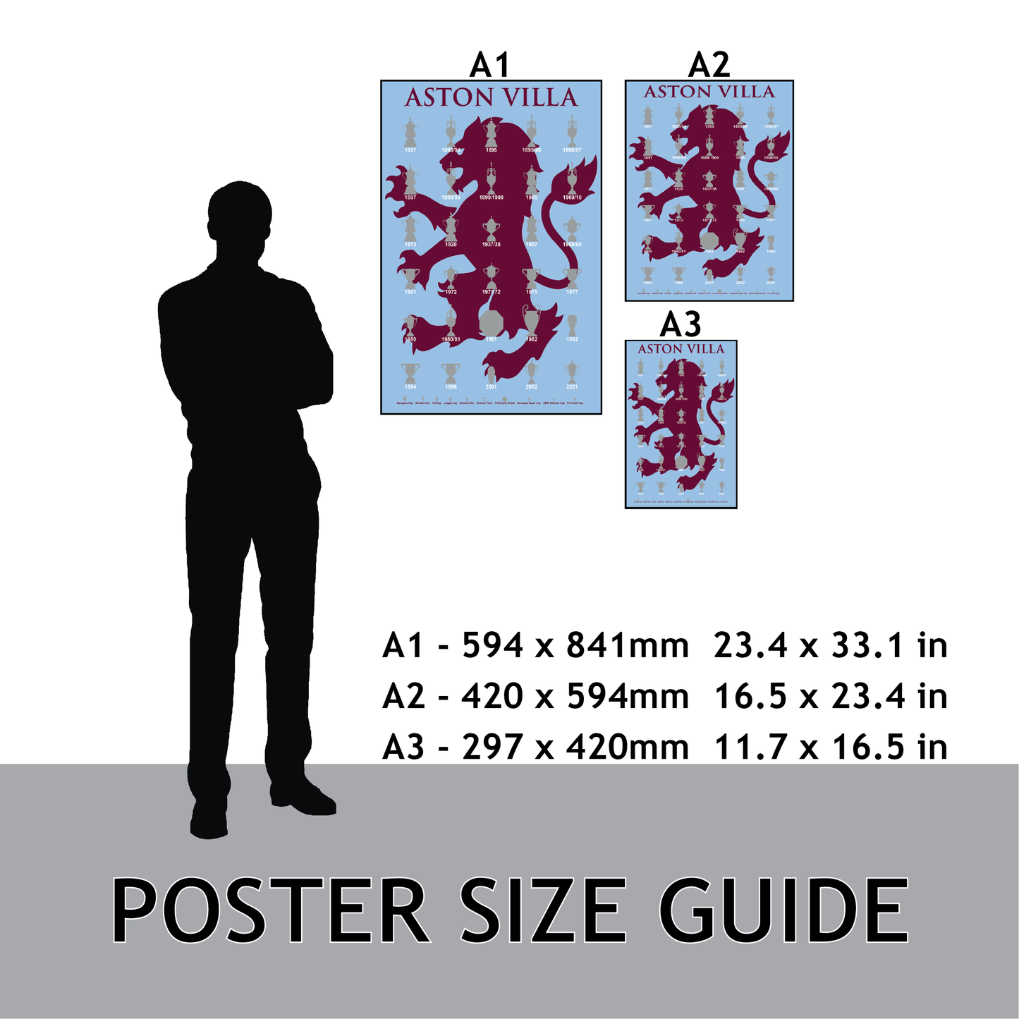 Aston Villa Trophies Collection & Lion Poster - Blue