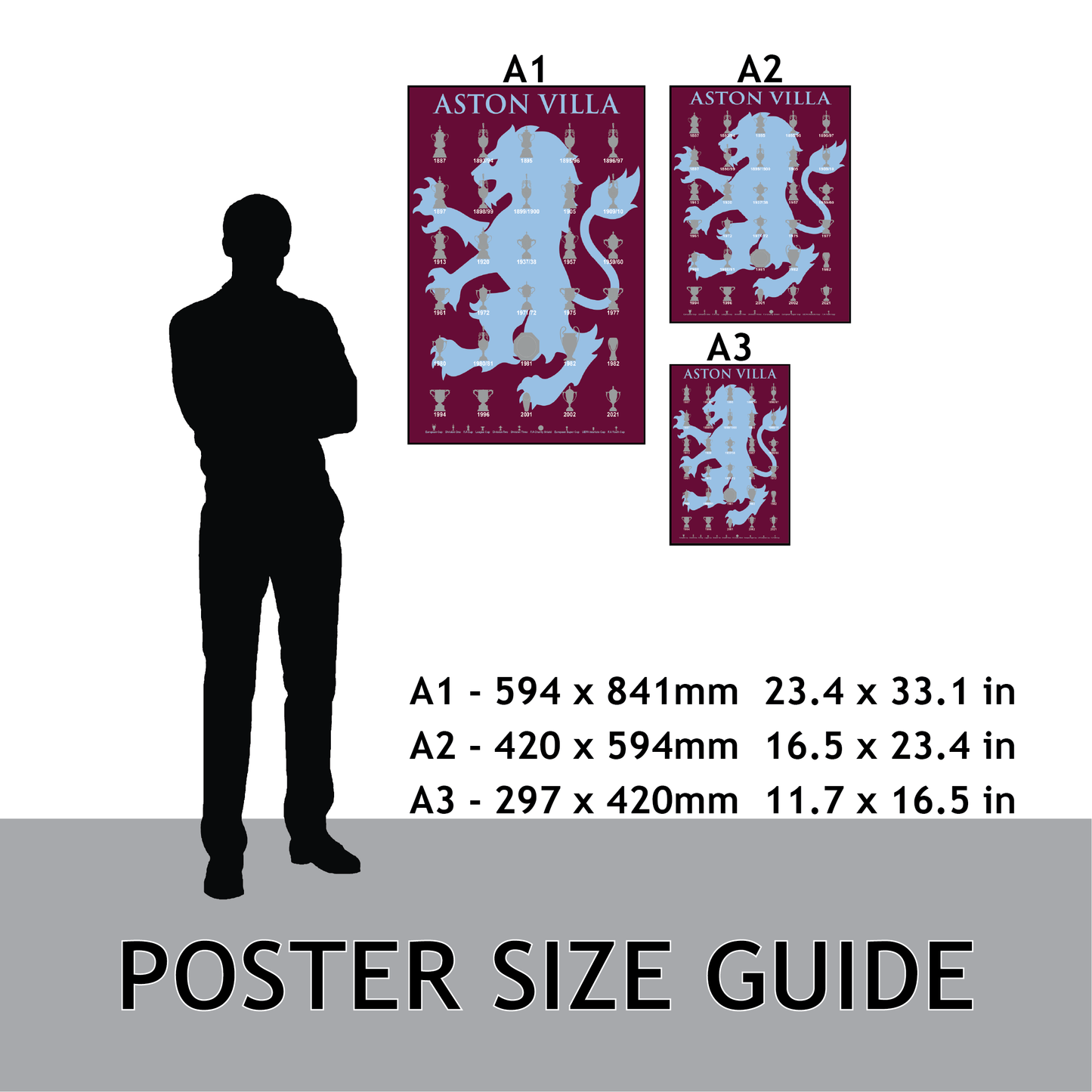 Aston Villa Trophies Collection & Lion Poster - Claret