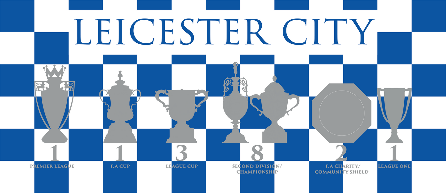 Leicester City Blue & White Chequered Trophies Mug - Blue Header Text